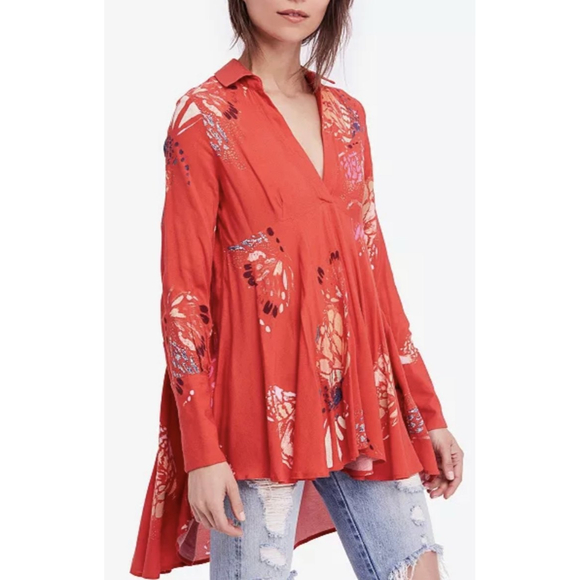 FREE PEOPLE Field Of Butterflies Red Long Sleeve Tunic - Picture 1 of 7